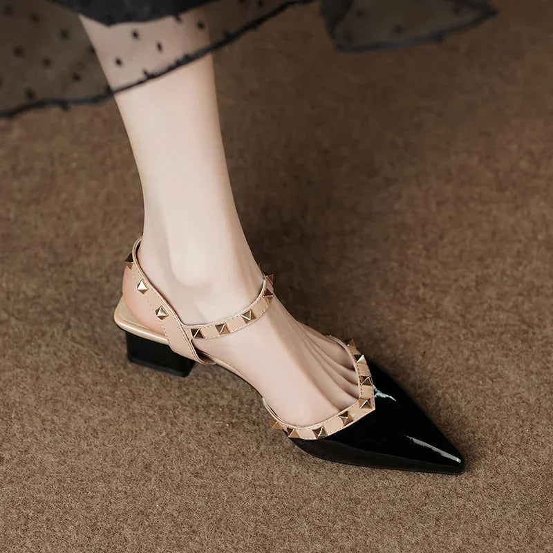 Margot | Elegant Pointed Toe Block Heel Pumps with Studded Straps