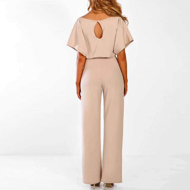 Natalia | Elegant Wide Leg Belted Jumpsuit With Short Sleeves