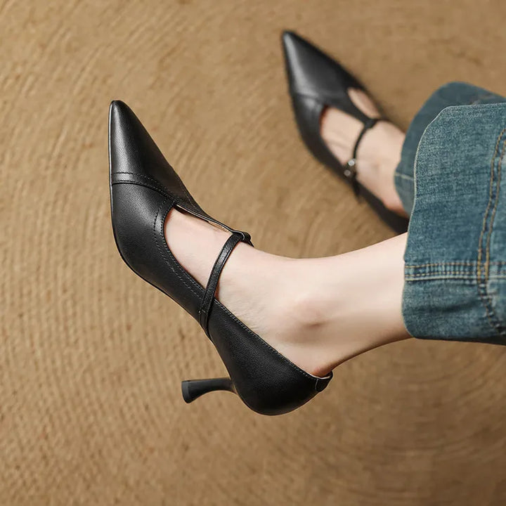 Theodora | Elegant Pointed Toe T-Strap Kitten Heels