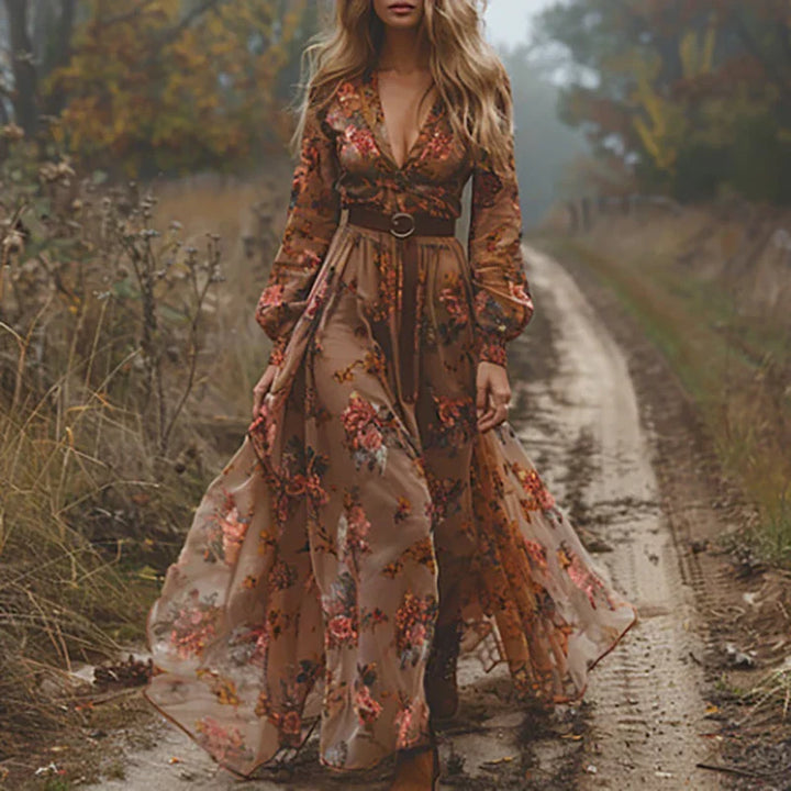 Rosalina | Elegant Embroidered V-Neck Boho Maxi Dress