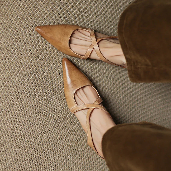 Serena | Elegant Red Leather Pointed Toe Cross-Strap Mules