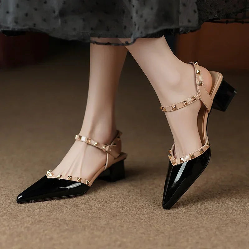 Margot | Elegant Pointed Toe Block Heel Pumps with Studded Straps