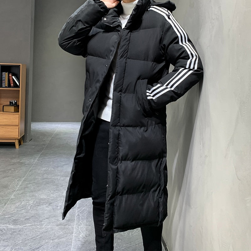 Phoebe | Sleek Men's Long Hooded Puffer Coat With Sport Stripes