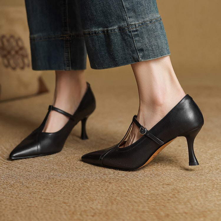 Eleanore | Elegant Pointed Toe T-Strap Leather Heels