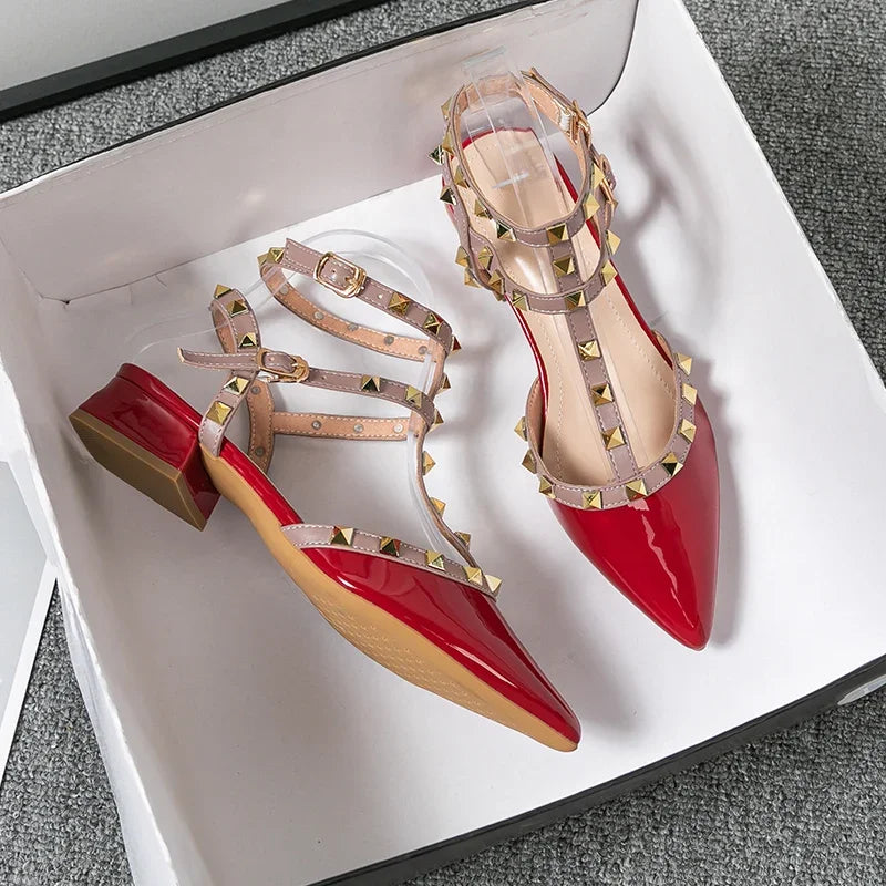 Margot | Chic Red Patent Leather Studded Block Heels