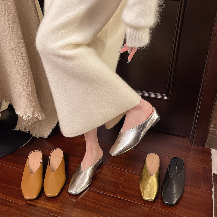Serena | Elegant Gold Square Toe Metallic Mules With Kitten Heel