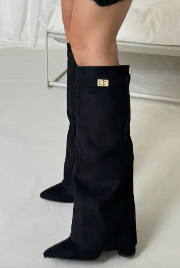 Victoria | Elegant Knee High Suede Boots With Block Heels