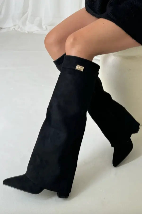 Victoria | Elegant Knee High Suede Boots With Block Heels