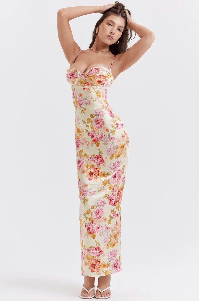 Sybil | Elegant Floral Midi Dress With Sweetheart Neckline