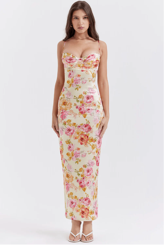 Sybil | Elegant Floral Midi Dress With Sweetheart Neckline