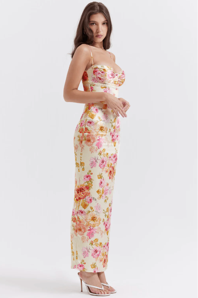 Sybil | Elegant Floral Midi Dress With Sweetheart Neckline