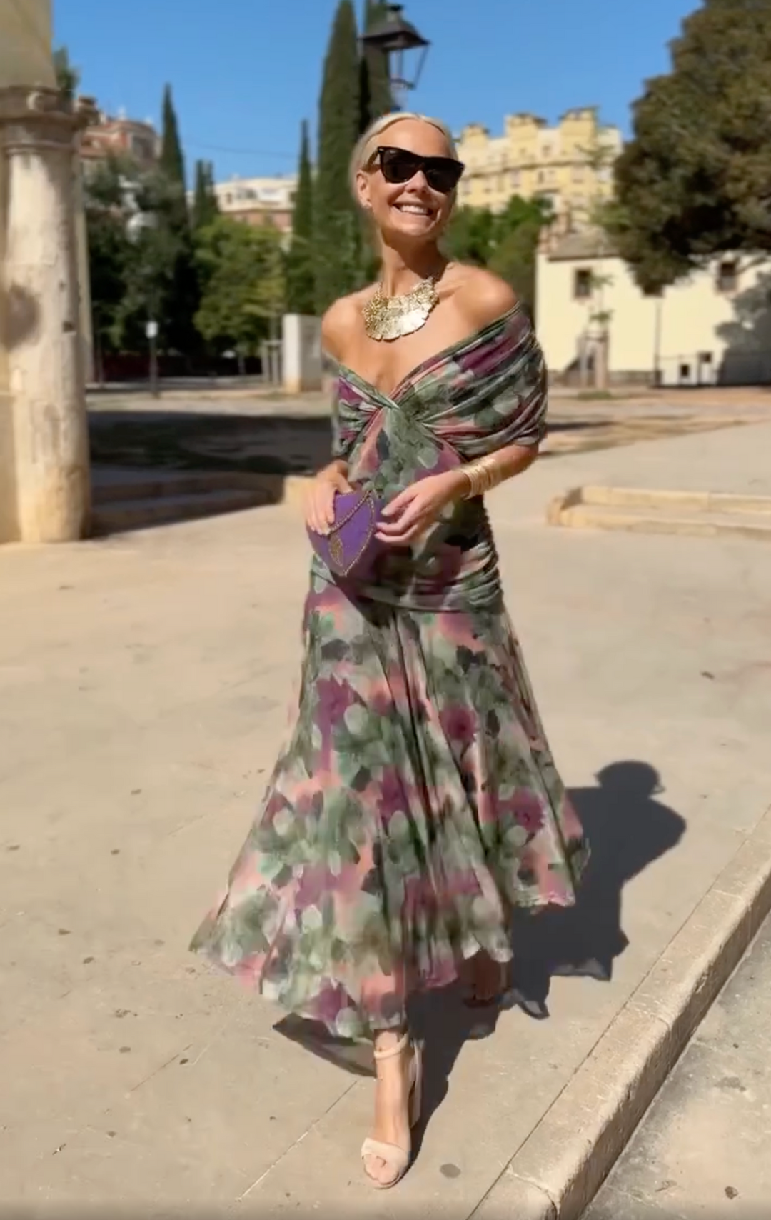 Zara | Elegant Off-Shoulder Floral Maxi Dress With Pleated Skirt