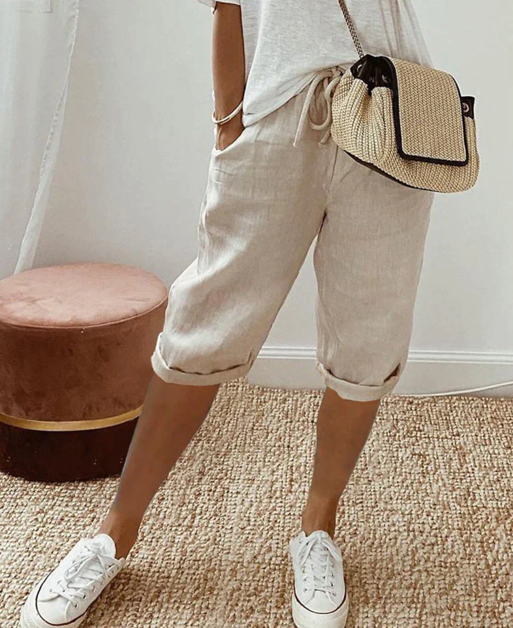 Helena | Chic Knee Length Linen Bermuda Shorts With Drawstring