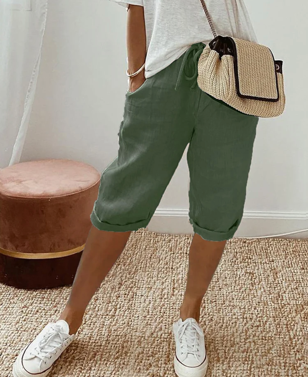 Helena | Chic Knee Length Linen Bermuda Shorts With Drawstring