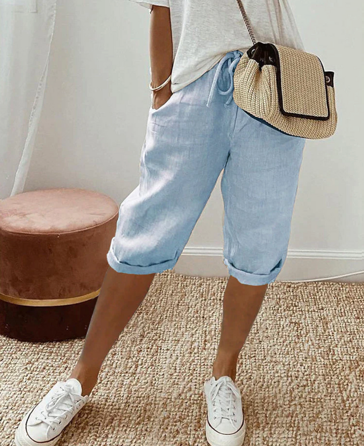 Helena | Chic Knee Length Linen Bermuda Shorts With Drawstring