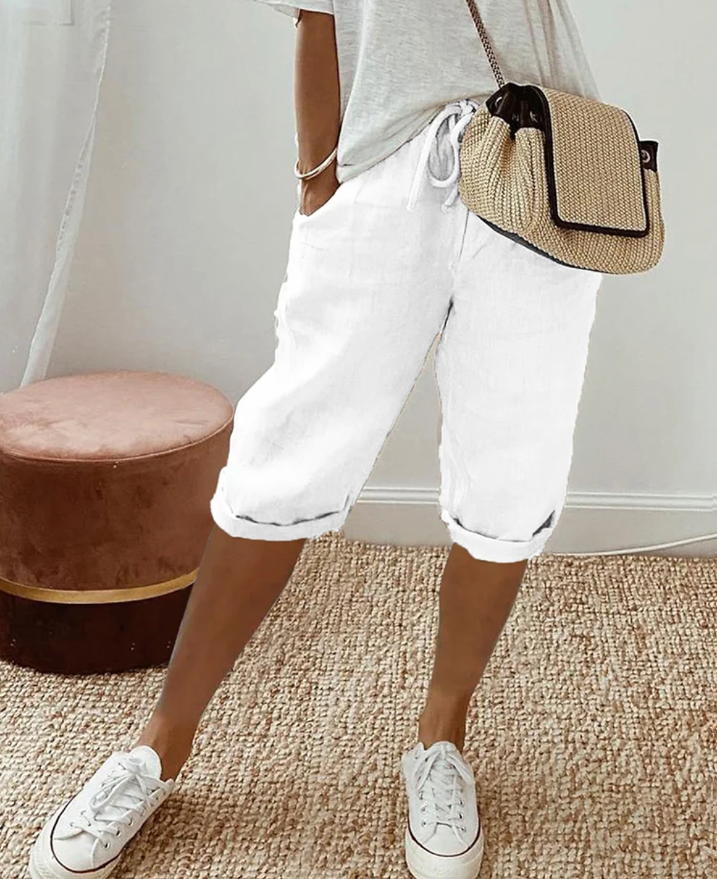 Helena | Chic Knee Length Linen Bermuda Shorts With Drawstring