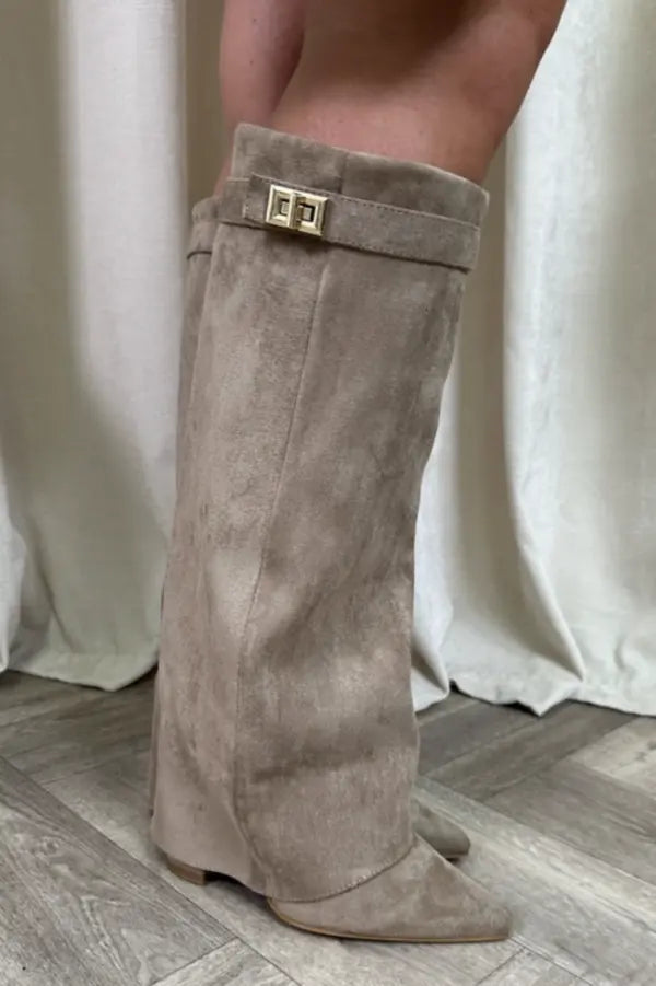 Victoria | Elegant Knee High Suede Boots With Block Heels