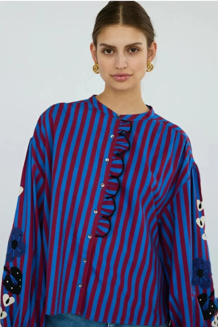 Theodora | Chic Striped Ruffle Blouse With Embroidered Sleeves