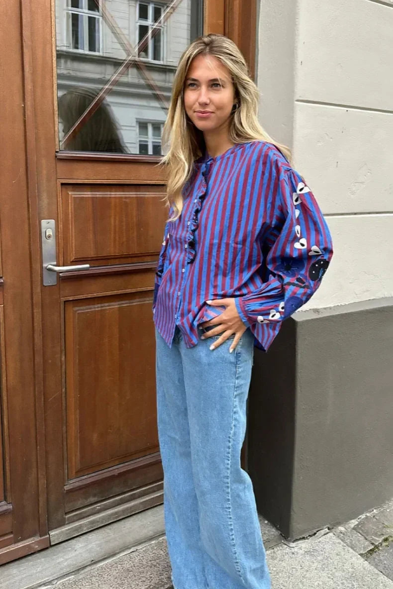 Theodora | Chic Striped Ruffle Blouse With Embroidered Sleeves