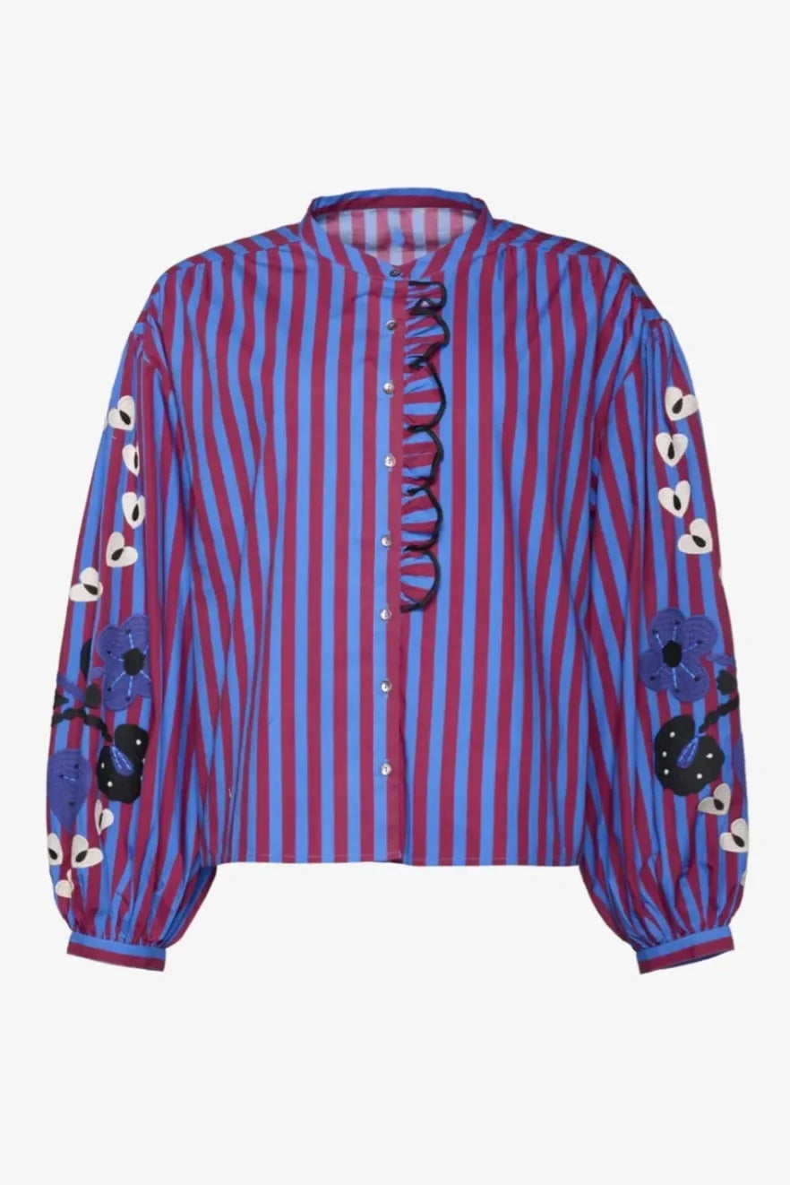 Theodora | Chic Striped Ruffle Blouse With Embroidered Sleeves