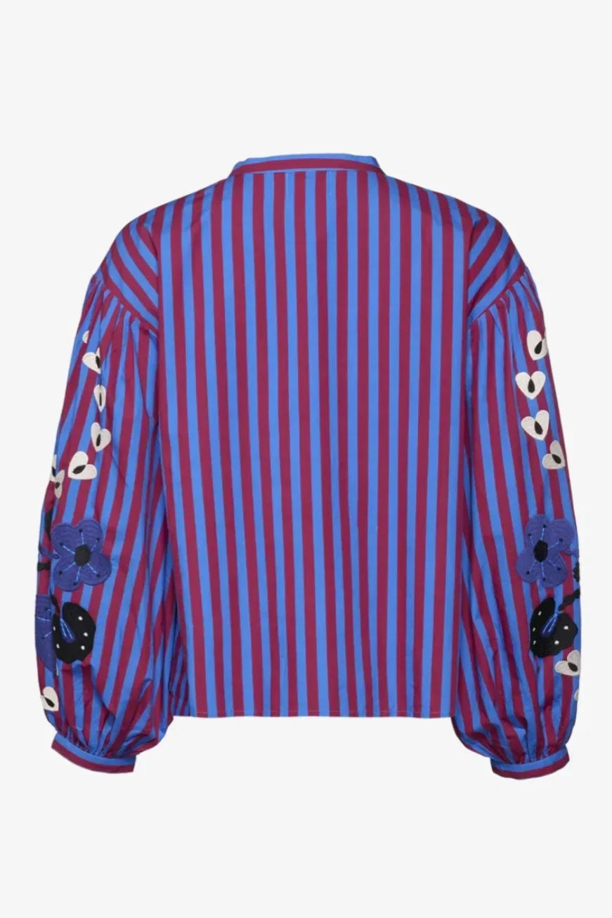 Theodora | Chic Striped Ruffle Blouse With Embroidered Sleeves