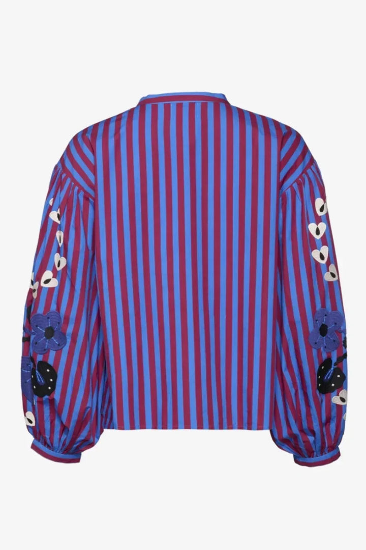 Theodora | Chic Striped Ruffle Blouse With Embroidered Sleeves