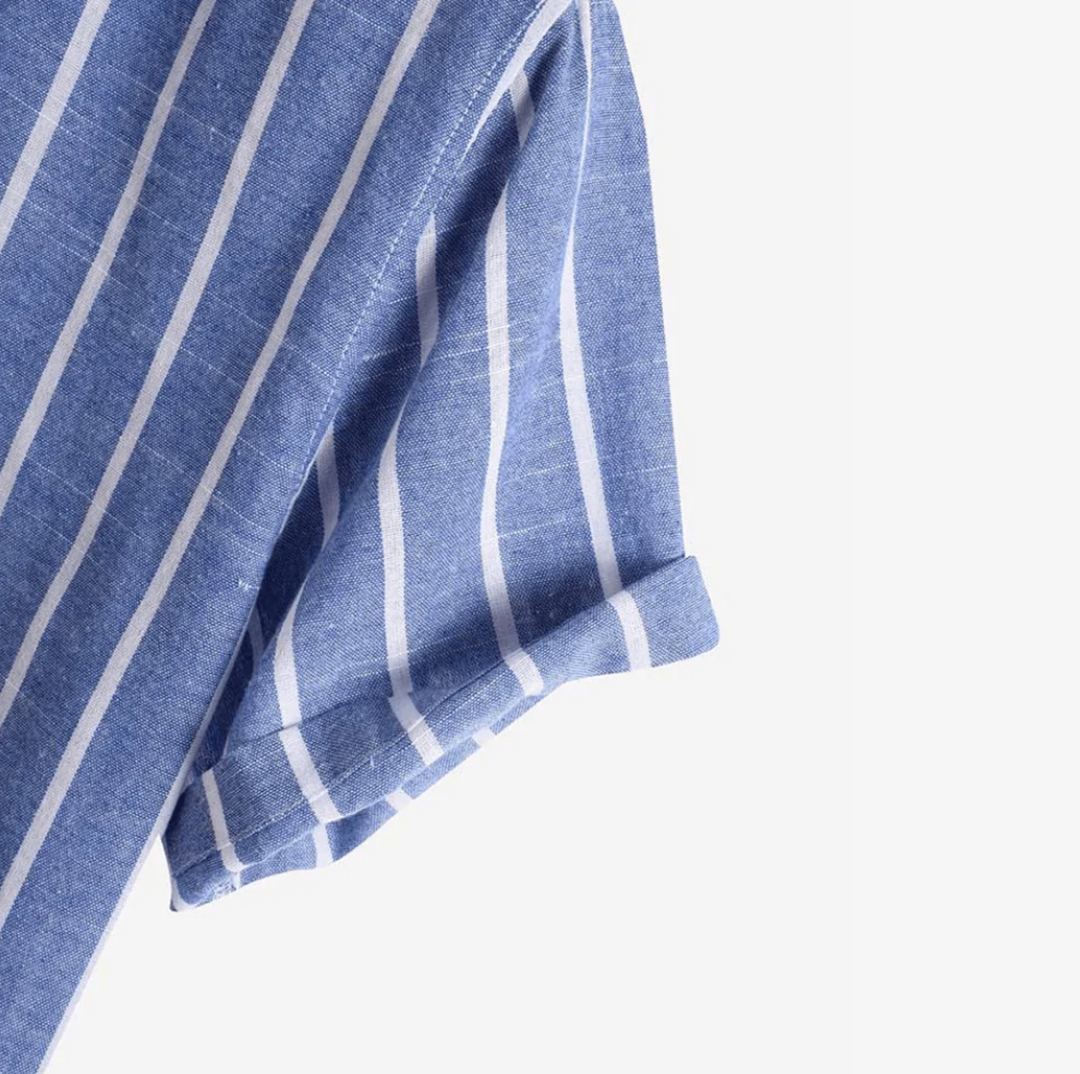 Mateo | Striped Short Sleeve Button Up Shirt With Mandarin Collar