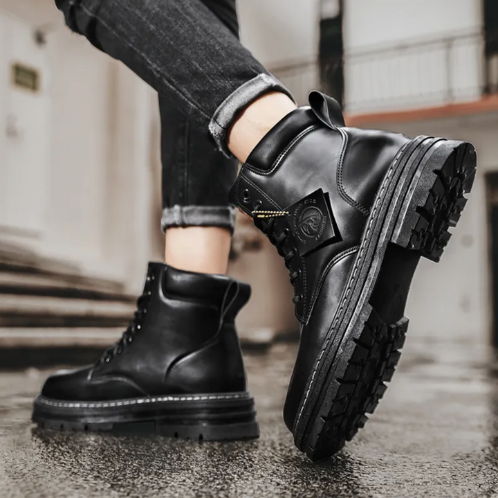 Eloise | Stylish Men's Black Leather Combat Boots With Platform Sole
