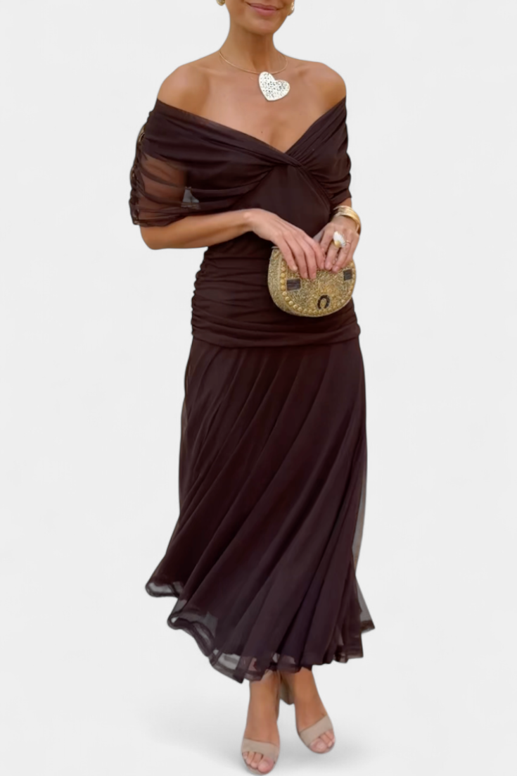 Zara | Elegant Off-Shoulder Floral Maxi Dress With Pleated Skirt