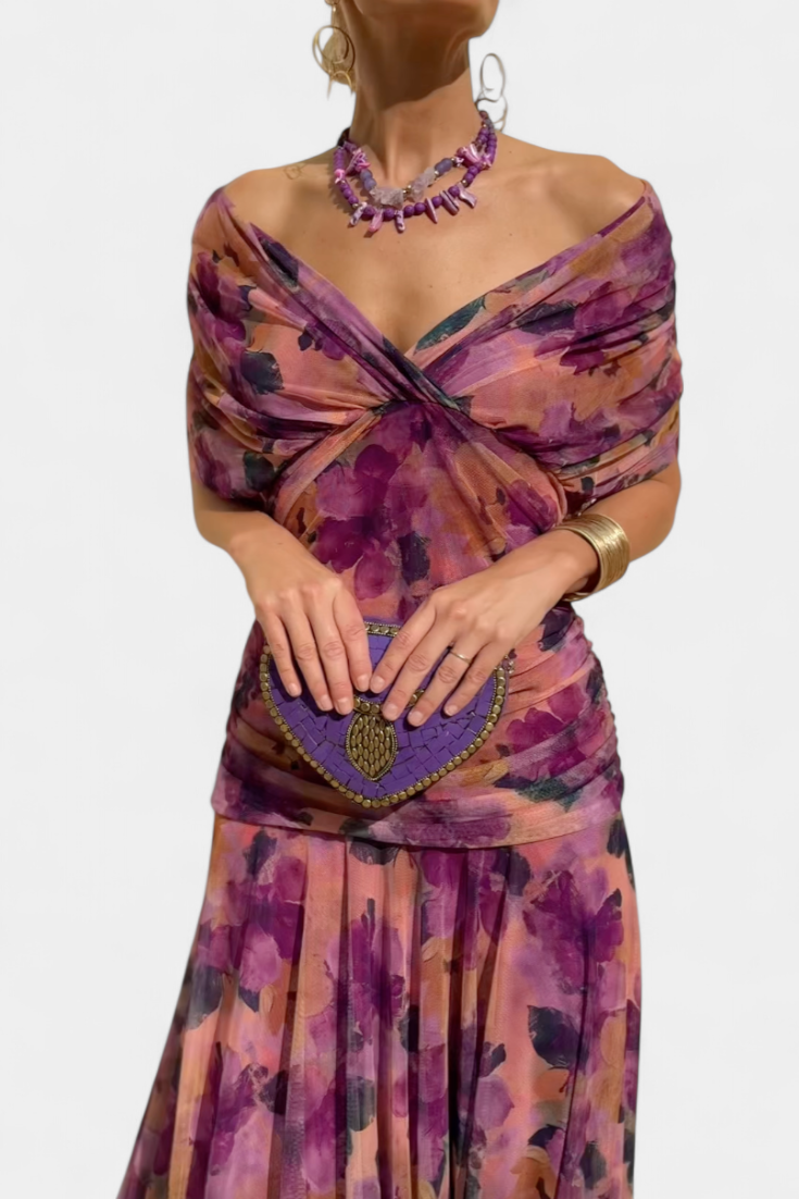 Zara | Elegant Off-Shoulder Floral Maxi Dress With Pleated Skirt
