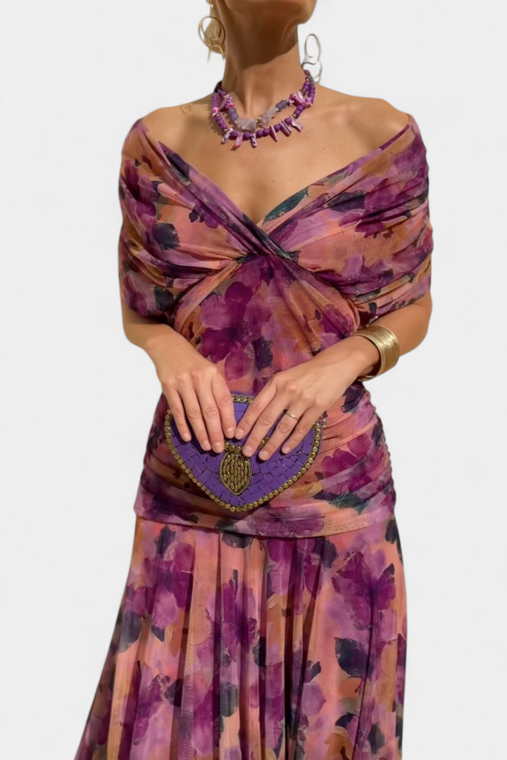 Zara | Elegant Off-Shoulder Floral Maxi Dress With Pleated Skirt