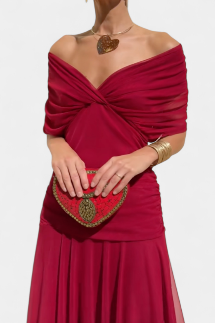 Zara | Elegant Off-Shoulder Floral Maxi Dress With Pleated Skirt