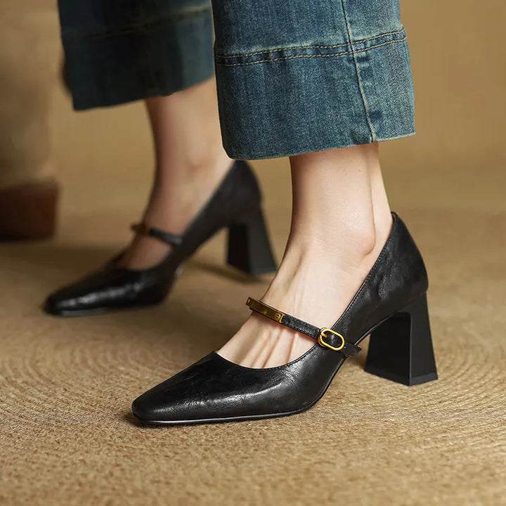 Auria | Elegant Square-Toe Mary Jane Block Heel Pumps