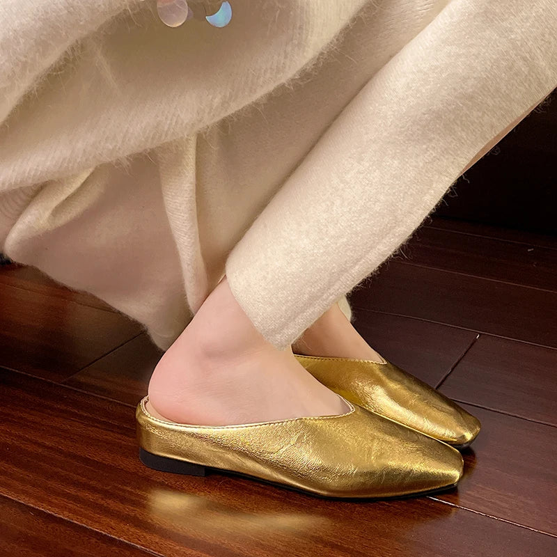 Serena | Elegant Gold Square Toe Metallic Mules With Kitten Heel
