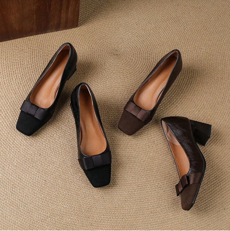 Eloise | Elegant Square Toe Block Heel Pumps With Bow Detail