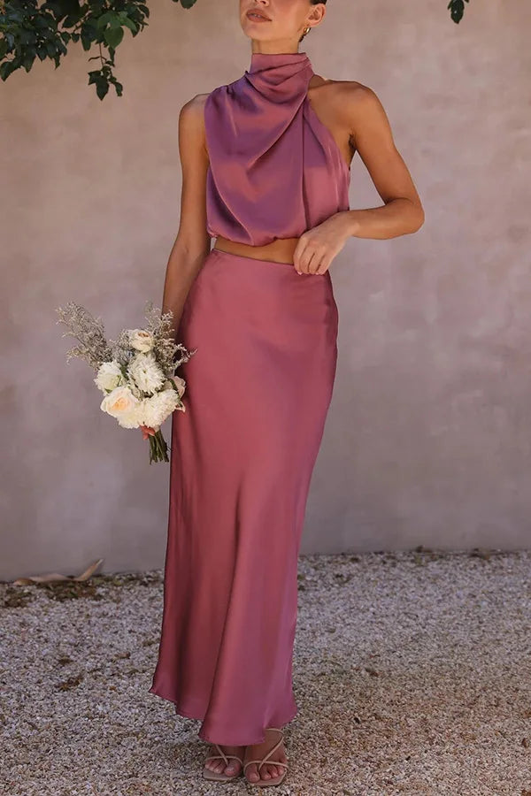 Rosalie | Elegant Halter Two Piece Satin Maxi Set