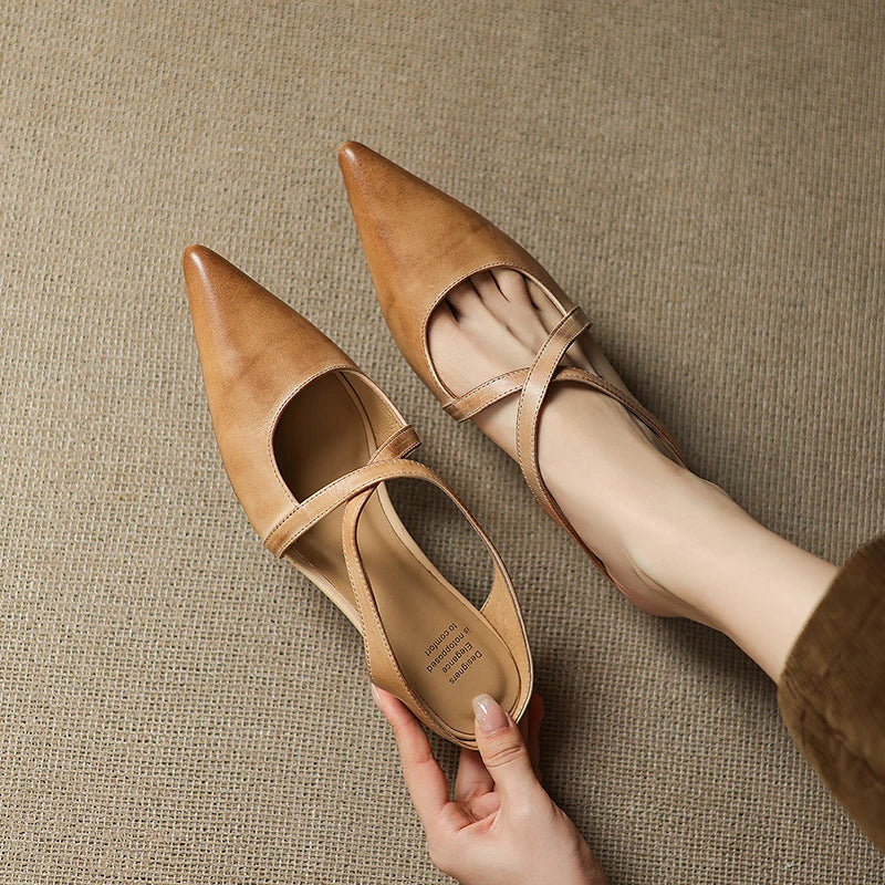 Serena | Elegant Red Leather Pointed Toe Cross-Strap Mules