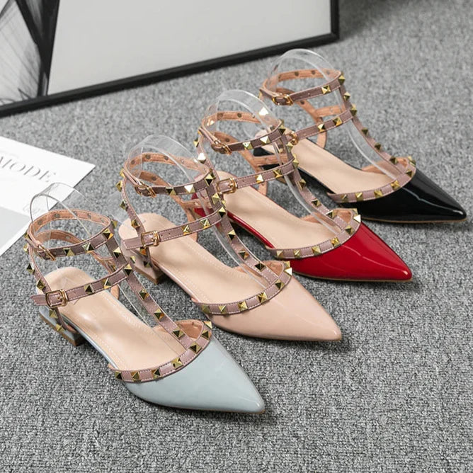 Margot | Chic Red Patent Leather Studded Block Heels