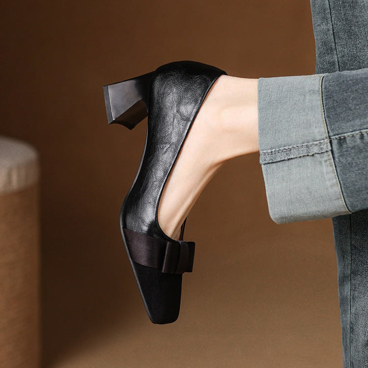Eloise | Elegant Square Toe Block Heel Pumps With Bow Detail