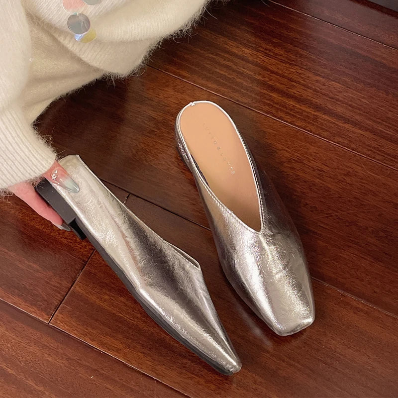 Serena | Elegant Gold Square Toe Metallic Mules With Kitten Heel