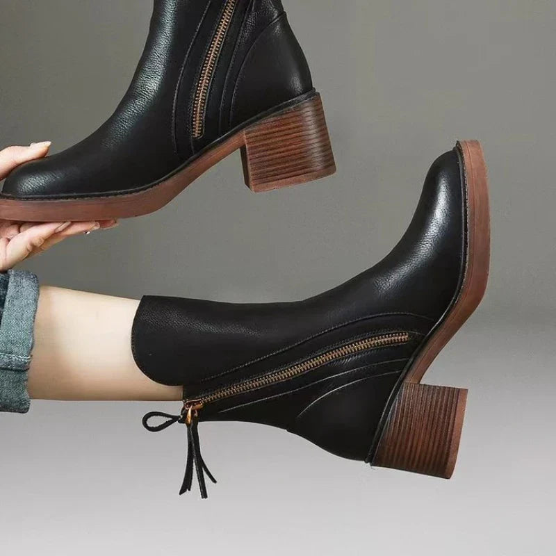 Penelope | Elegant Leather Block Heel Ankle Boots