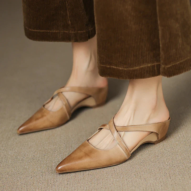 Serena | Elegant Red Leather Pointed Toe Cross-Strap Mules