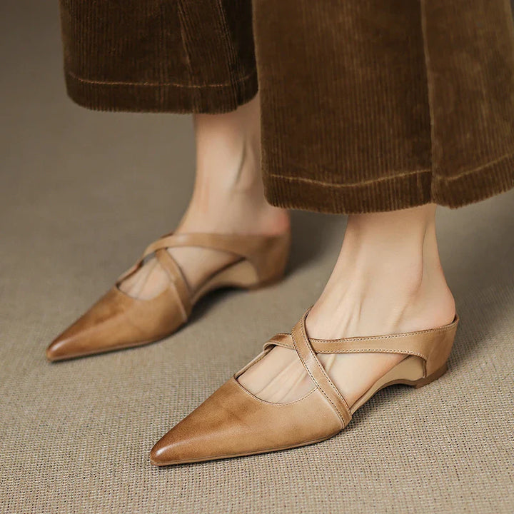Serena | Elegant Red Leather Pointed Toe Cross-Strap Mules
