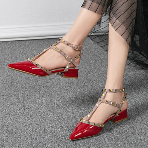 Margot | Chic Red Patent Leather Studded Block Heels