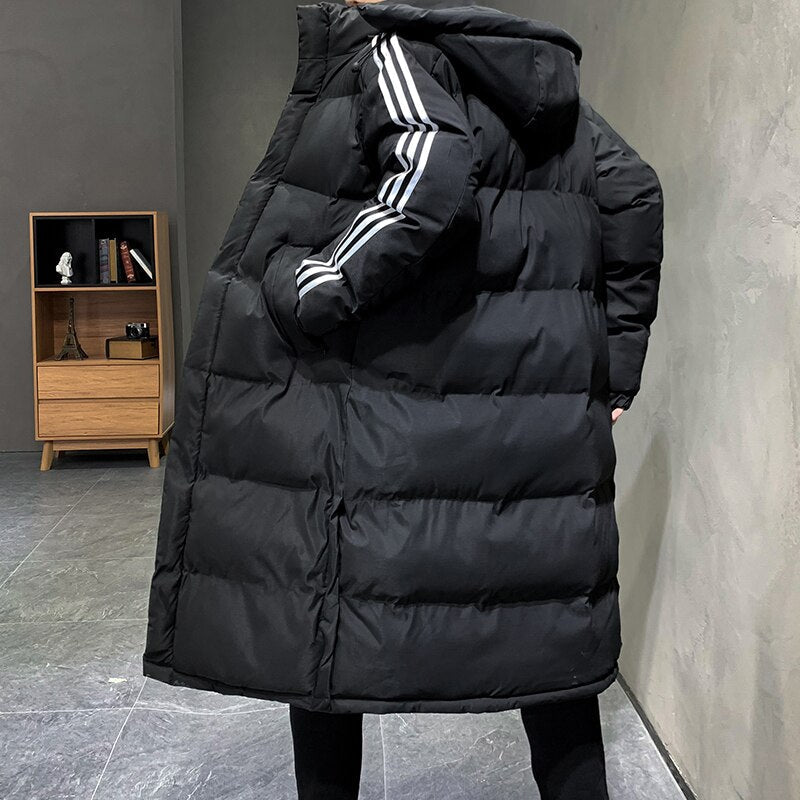 Phoebe | Sleek Men's Long Hooded Puffer Coat With Sport Stripes