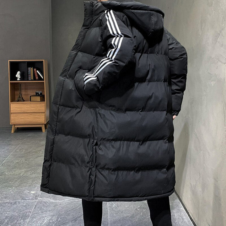 Phoebe | Sleek Men's Long Hooded Puffer Coat With Sport Stripes