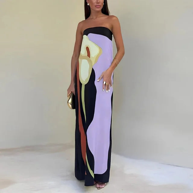 Vivienne | Stylish Abstract Print Strapless Maxi Dress