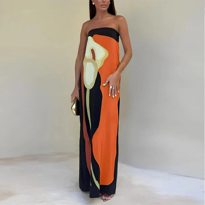 Vivienne | Stylish Abstract Print Strapless Maxi Dress