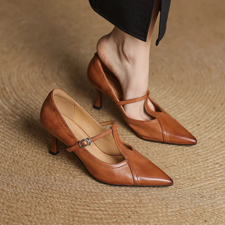 Eleanore | Elegant Pointed Toe T-Strap Leather Heels