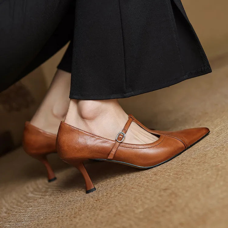 Eleanore | Elegant Pointed Toe T-Strap Leather Heels